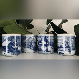 Blue & White Ceramic 4 Candle Holders Farm Country Scene Otagiri Japan Vintage